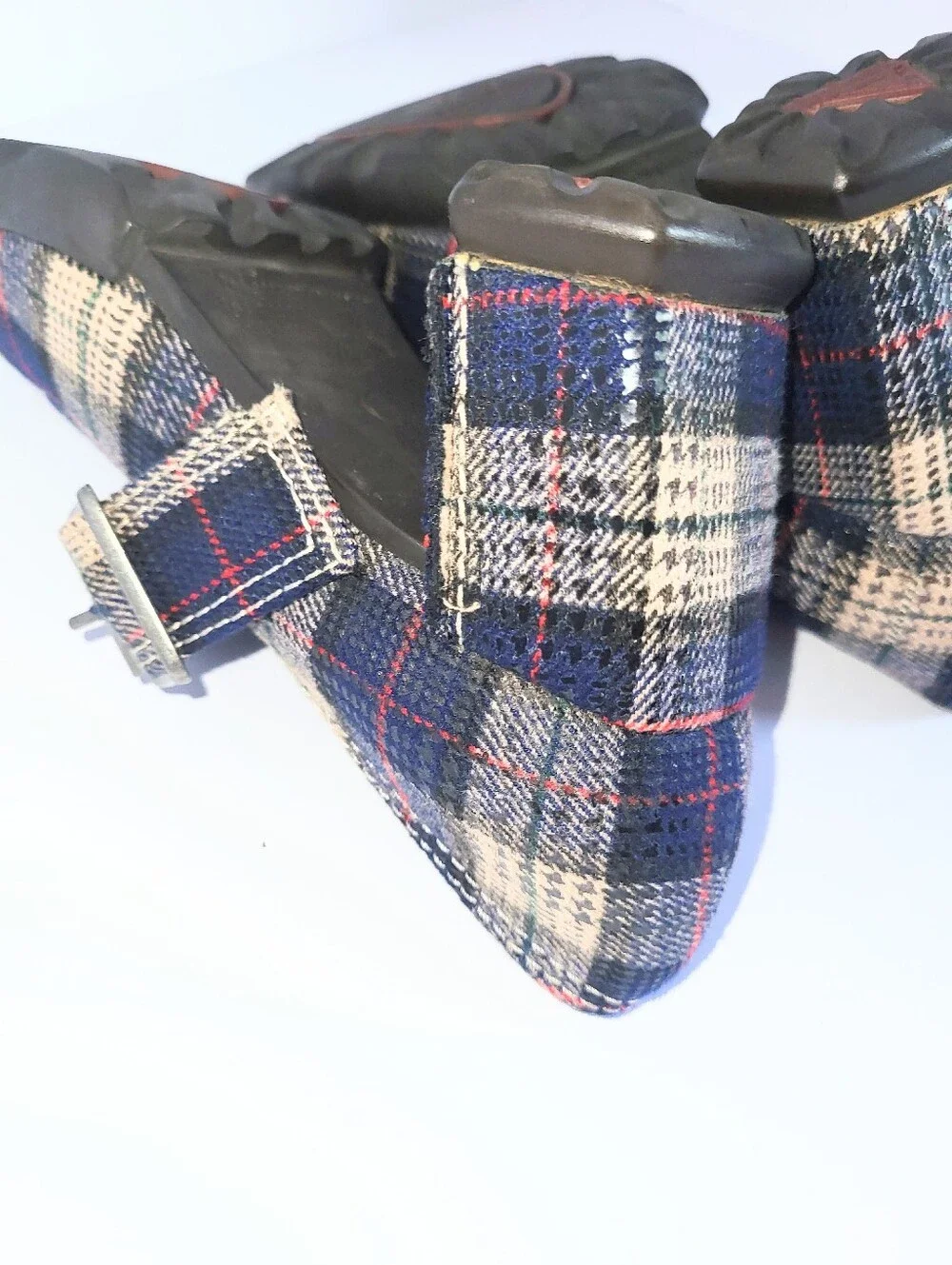 John Fluevog Benatar Blue Plaid Geometric Chunky Heel Mary Janes Size 7
